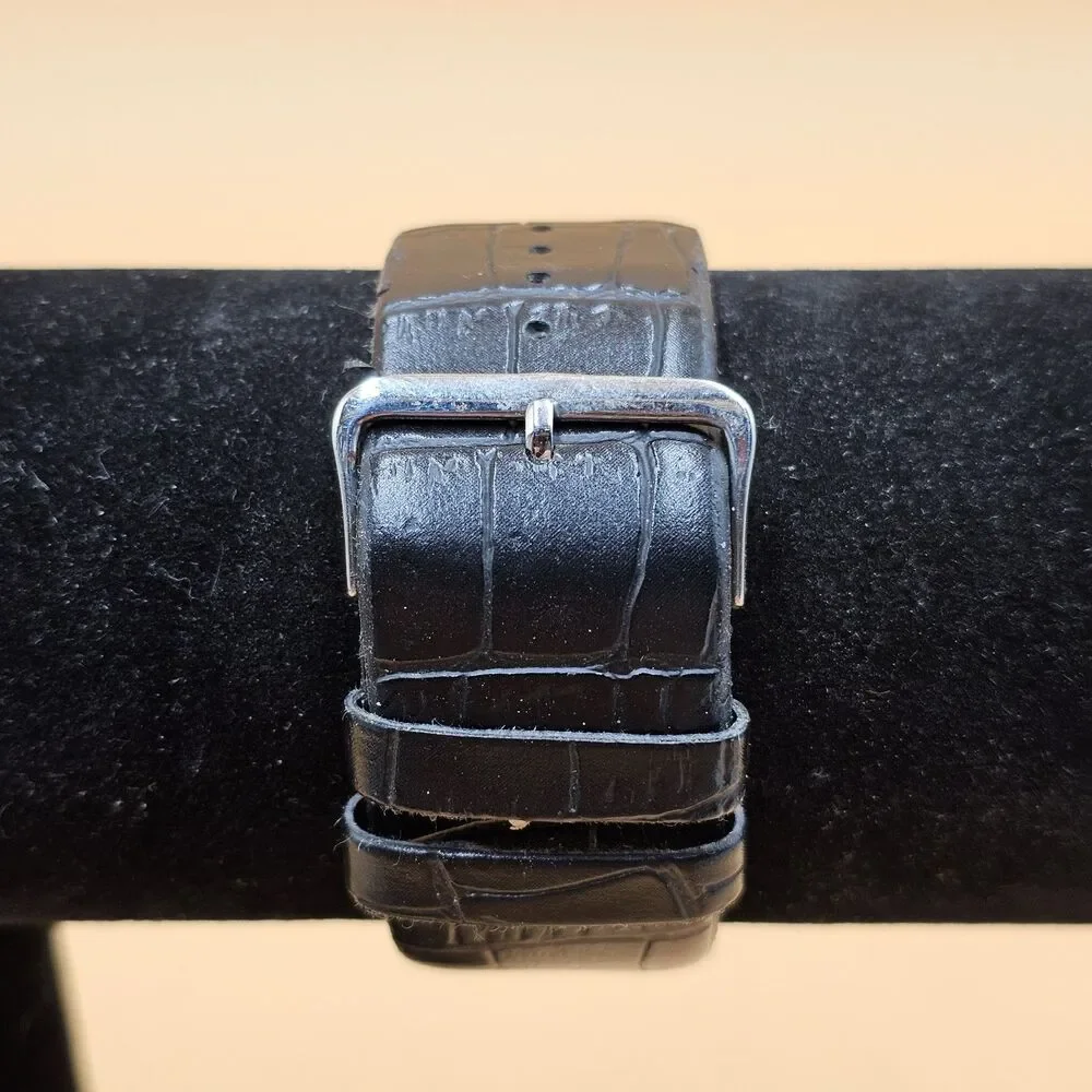 Silver Tone Ladies Rectangular Quartz Watch Adjustable Black Strap New Battery